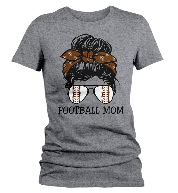 Women's Cute Football Mom Shirt Messy Bun T Shirt Football Mom Tee Hair Bandana Graphic Tee Baller Mom Ladies Soft V-Neck-Shirts By Sarah
