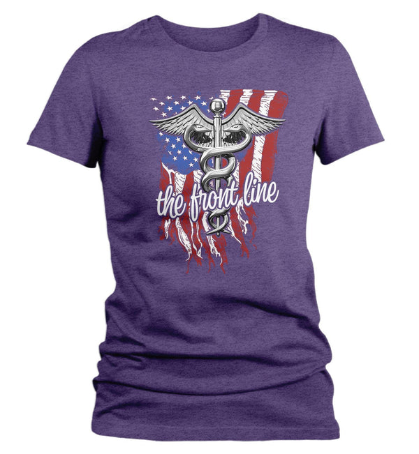 Women's Nurse T Shirt EMT Shirt Paramedic Shirt Doctor Shirt American Flag Gift Idea Front Line America Shirt-Shirts By Sarah