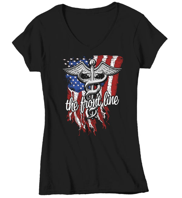 Women's V-Neck Nurse T Shirt EMT Shirt Paramedic Shirt Doctor Shirt American Flag Gift Idea Front Line America Shirt-Shirts By Sarah