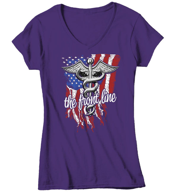 Women's V-Neck Nurse T Shirt EMT Shirt Paramedic Shirt Doctor Shirt American Flag Gift Idea Front Line America Shirt-Shirts By Sarah