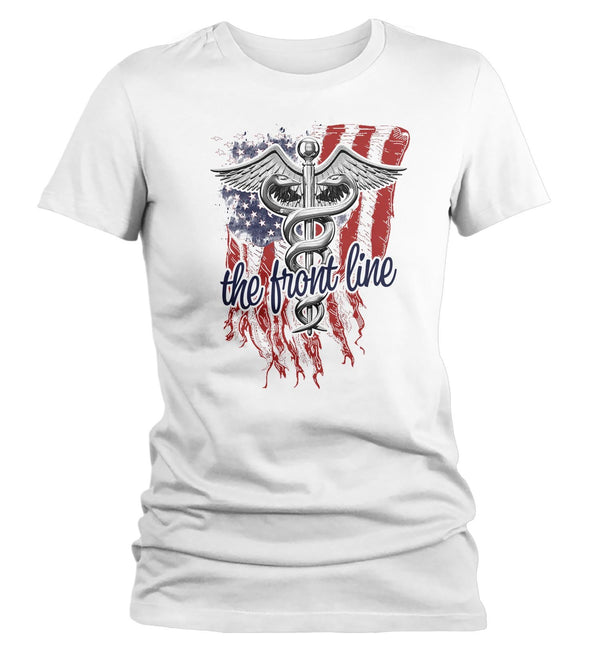 Women's Nurse T Shirt EMT Shirt Paramedic Shirt Doctor Shirt American Flag Gift Idea Front Line America Shirt-Shirts By Sarah