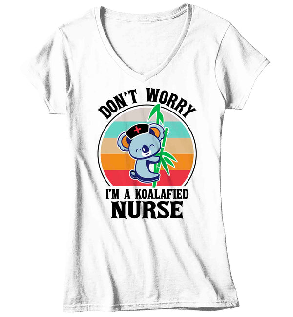 Women's V-Neck Koalafied Nurse Shirt Caduceus T Shirt Cute Registered Licensed Practical LPN RN Gift Medical Nurses TShirt Ladies Woman Tee-Shirts By Sarah