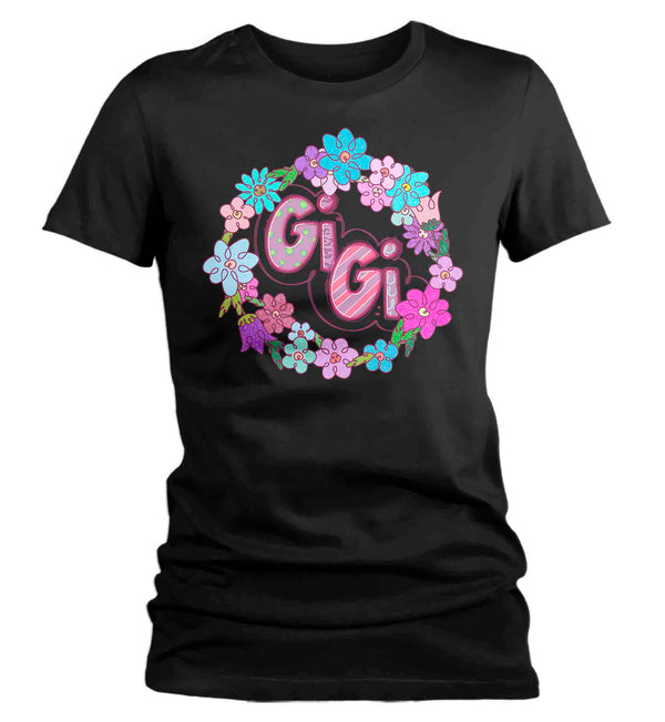Women's Gigi Shirt Granny T Shirt Cute Great Grandma Flowers Wreath Baby Reveal Family Theme TShirt Mother's Day Gift Graphic Tee Ladies-Shirts By Sarah