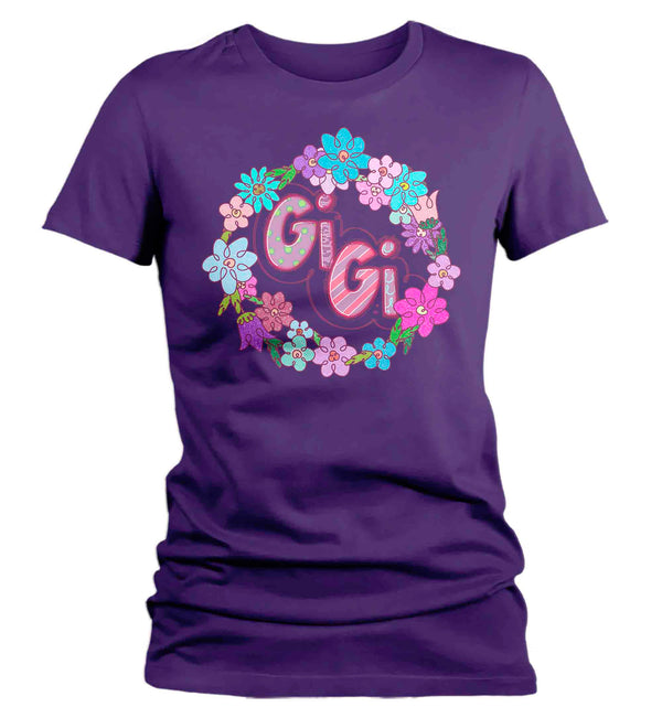 Women's Gigi Shirt Granny T Shirt Cute Great Grandma Flowers Wreath Baby Reveal Family Theme TShirt Mother's Day Gift Graphic Tee Ladies-Shirts By Sarah