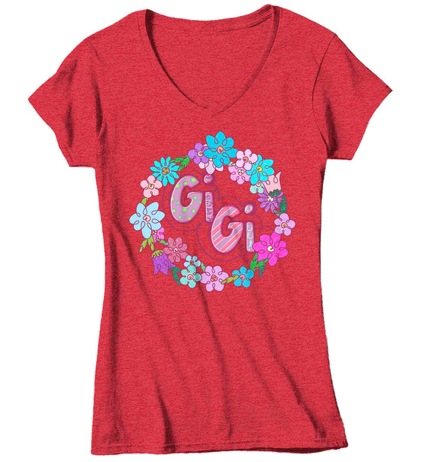 Women's V-Neck Gigi Shirt Granny T Shirt Cute Great Grandma Flowers Wreath Baby Reveal Family Theme TShirt Mother's Day Gift Graphic Tee Ladies-Shirts By Sarah