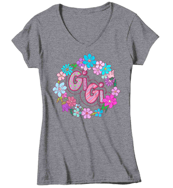 Women's V-Neck Gigi Shirt Granny T Shirt Cute Great Grandma Flowers Wreath Baby Reveal Family Theme TShirt Mother's Day Gift Graphic Tee Ladies-Shirts By Sarah