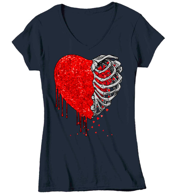 Women's V-Neck Valentine's Day T Shirt Grunge Shirt Rib Skeleton Tee Glitter Heart Halloween TShirt Ladies Graphic Pastel Grunge Clothing Top-Shirts By Sarah
