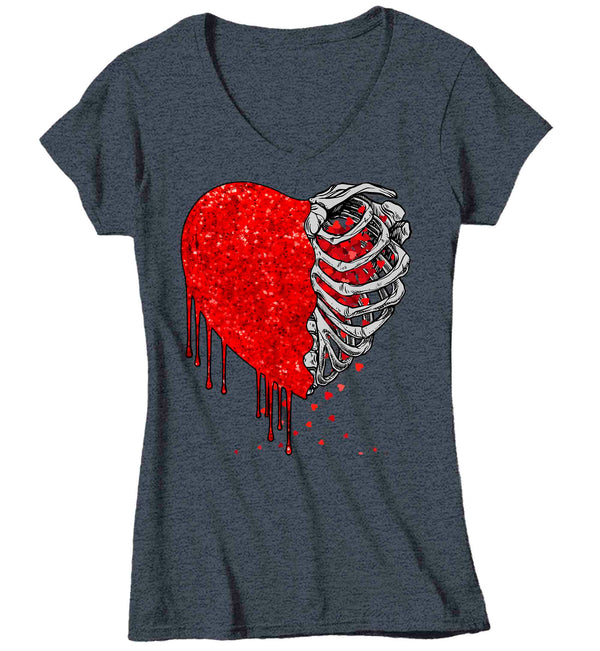 Women's V-Neck Valentine's Day T Shirt Grunge Shirt Rib Skeleton Tee Glitter Heart Halloween TShirt Ladies Graphic Pastel Grunge Clothing Top-Shirts By Sarah