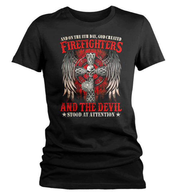 Women's Firefighter Shirt 8th Day God Created T Shirt Fireman Gift Idea Firefighter Gift Father's Day Tee Ladies V-Neck-Shirts By Sarah