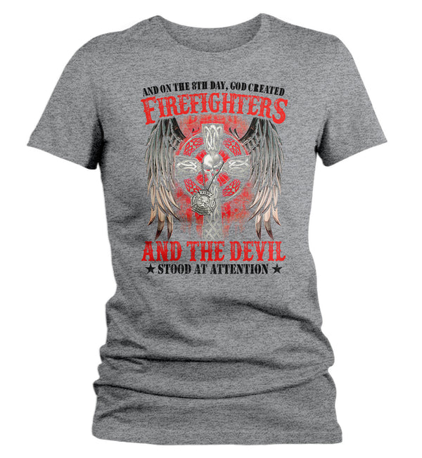 Women's Firefighter Shirt 8th Day God Created T Shirt Fireman Gift Idea Firefighter Gift Father's Day Tee Ladies V-Neck-Shirts By Sarah