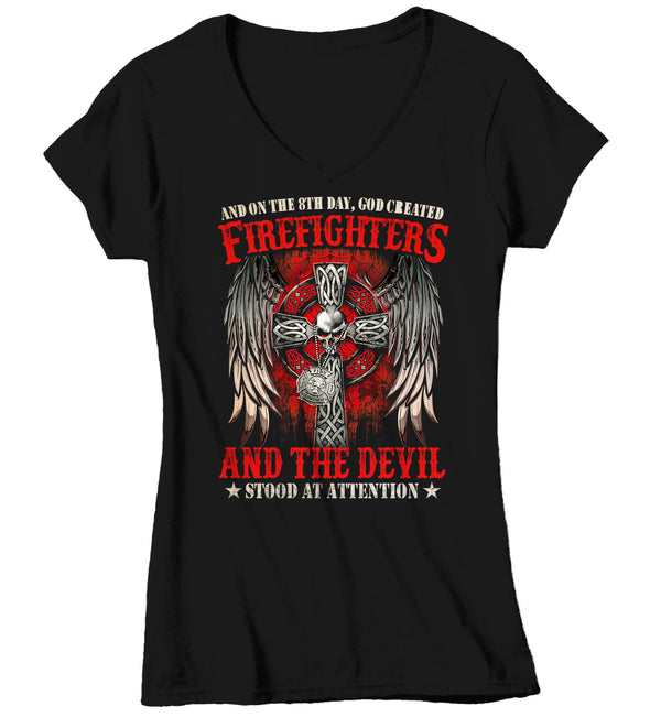 Women's V-Neck Firefighter Shirt 8th Day God Created T Shirt Fireman Gift Idea Firefighter Gift Father's Day Tee Ladies V-Neck-Shirts By Sarah