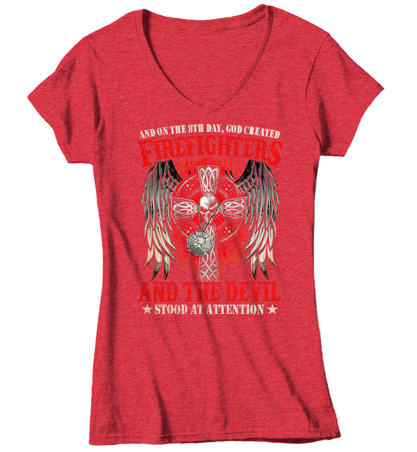 Women's V-Neck Firefighter Shirt 8th Day God Created T Shirt Fireman Gift Idea Firefighter Gift Father's Day Tee Ladies V-Neck-Shirts By Sarah
