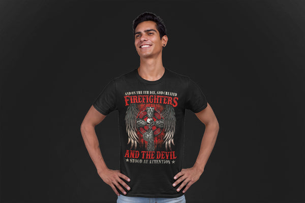 Men's Firefighter Shirt 8th Day God Created T Shirt Fireman Gift Idea Firefighter Gift Father's Day Tee Unisex Man Man's Soft Tee-Shirts By Sarah