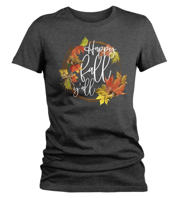 Women's Happy Fall Y'all T Shirt Leaf Wreath Graphic Tee Season Fall Shirts Leaves Happy Fall Yall TShirt Watercolor-Shirts By Sarah