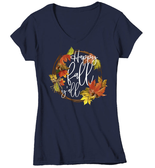 Women's Happy Fall Y'all T Shirt Leaf Wreath Graphic Tee Season Fall Shirts Leaves Happy Fall Yall TShirt Watercolor-Shirts By Sarah