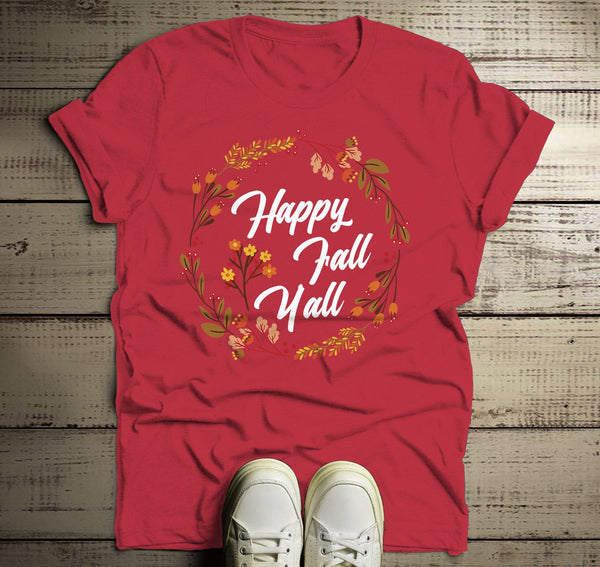 Men's Happy Fall Y'all T Shirt Floral Wreath Graphic Tee Season Shirts It's Fall Yall TShirt-Shirts By Sarah