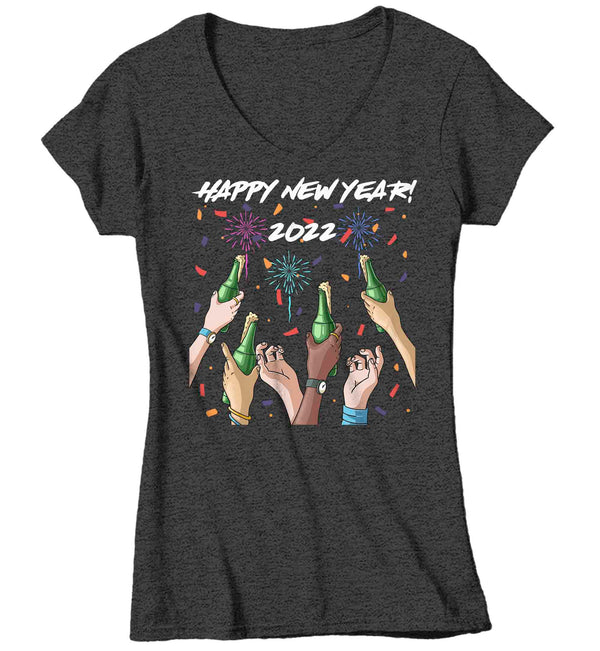 Women's V-Neck New Years Tee 2022 New Year Shirt Cheers T Shirt Beer Shirts Party New Year Eve Celebrate Gift Ladies Graphic Tee-Shirts By Sarah
