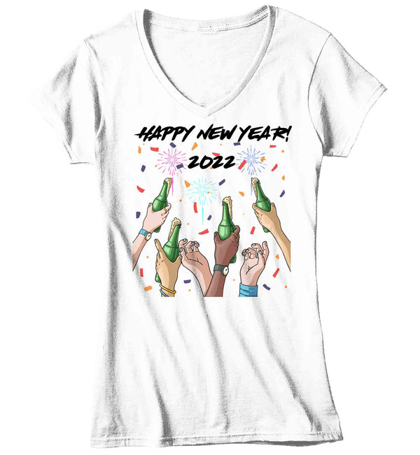 Women's V-Neck New Years Tee 2022 New Year Shirt Cheers T Shirt Beer Shirts Party New Year Eve Celebrate Gift Ladies Graphic Tee-Shirts By Sarah