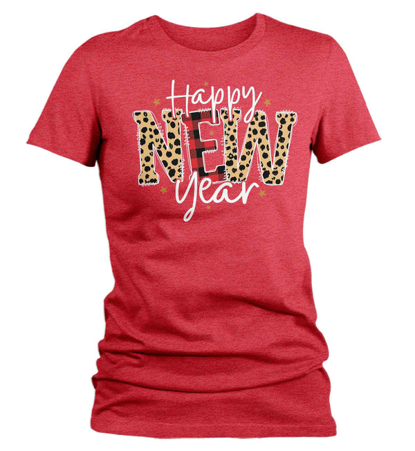 Women's New Year's Tee Happy New Year Shirt T Shirt Leopard Shirts Party New Year Eve Celebrate Grunge Plaid Ladies Graphic Tee-Shirts By Sarah