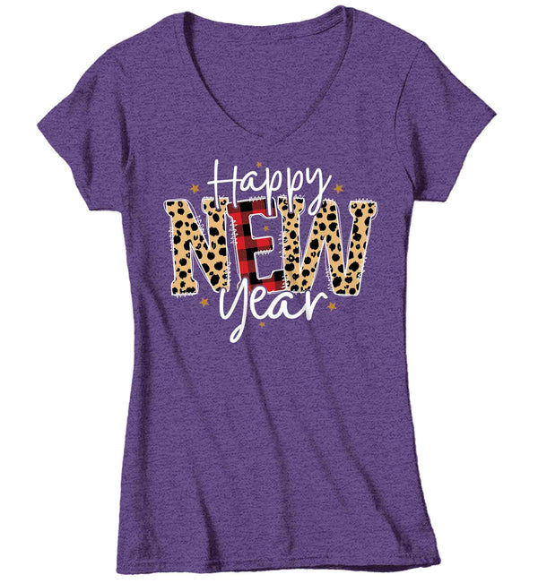 Women's V-Neck New Year's Tee Happy New Year Shirt T Shirt Leopard Shirts Party New Year Eve Celebrate Plaid Ladies Graphic Tee-Shirts By Sarah