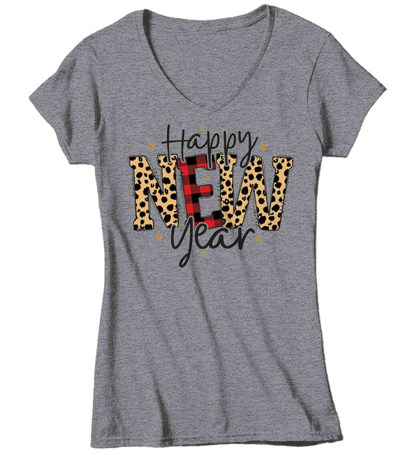Women's V-Neck New Year's Tee Happy New Year Shirt T Shirt Leopard Shirts Party New Year Eve Celebrate Plaid Ladies Graphic Tee-Shirts By Sarah