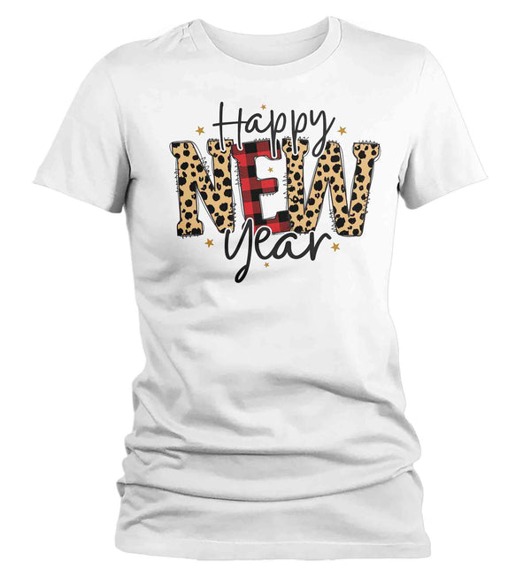 Women's New Year's Tee Happy New Year Shirt T Shirt Leopard Shirts Party New Year Eve Celebrate Grunge Plaid Ladies Graphic Tee-Shirts By Sarah
