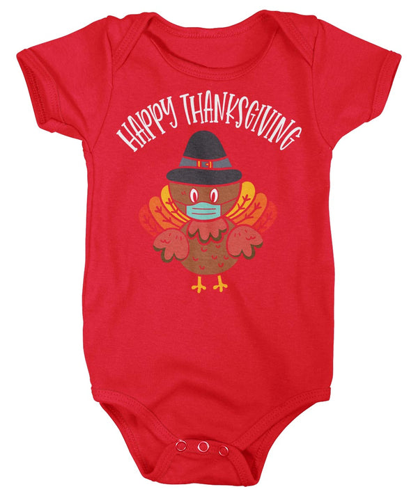 Baby Cute Thanksgiving Bodysuit Cute Turkey Snap Suit Masked Turkey With Mask Boho Cute Turkey Creeper Romper Boy's Girls Infant-Shirts By Sarah