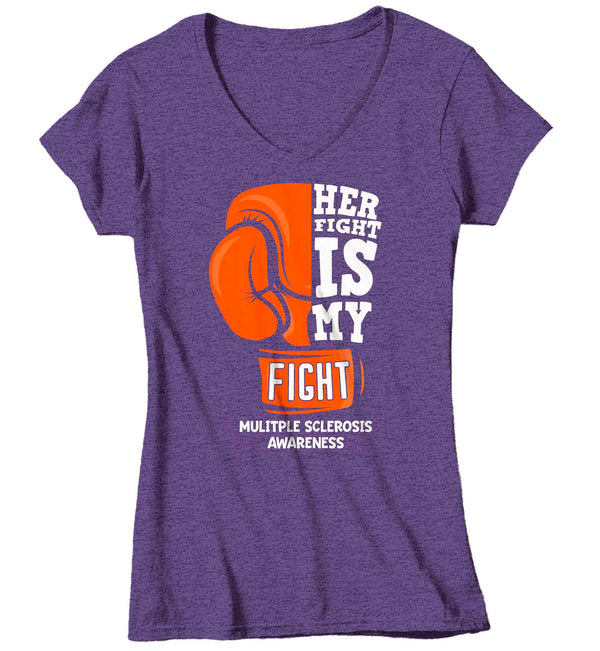 Women's V-Neck Multiple Sclerosis Shirt Her Fight Is My Fight Boxing Glove MS T Shirt Orange Ribbon Tee Awareness Ladies Woman-Shirts By Sarah