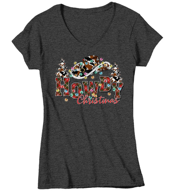 Women's V-Neck Howdy Christmas Shirt Cowboy Hat XMas Happy Desert Cute Tee Western Country Holiday Funny Graphic Tshirt Ladies-Shirts By Sarah