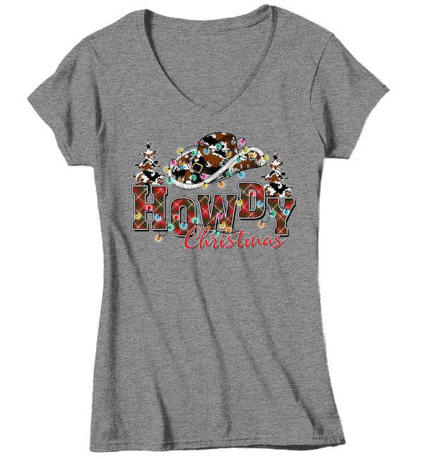 Women's V-Neck Howdy Christmas Shirt Cowboy Hat XMas Happy Desert Cute Tee Western Country Holiday Funny Graphic Tshirt Ladies-Shirts By Sarah