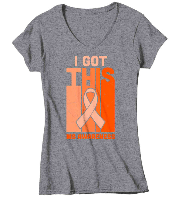 Women's V-Neck Multiple Sclerosis Shirt I Got This Orange Ribbon MS Support T Shirt Orange Ribbon Gift Graphic Tee Awareness Ladies Woman-Shirts By Sarah