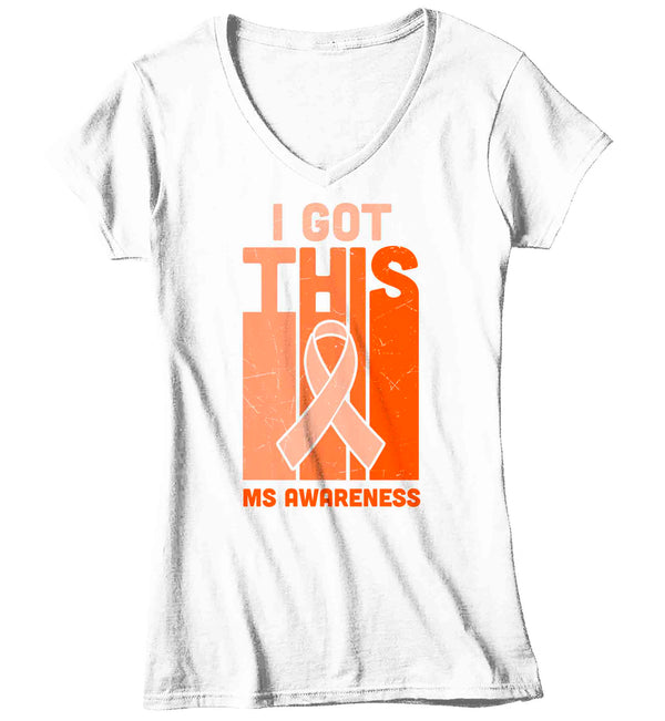 Women's V-Neck Multiple Sclerosis Shirt I Got This Orange Ribbon MS Support T Shirt Orange Ribbon Gift Graphic Tee Awareness Ladies Woman-Shirts By Sarah