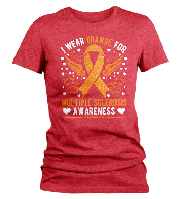 Women's Multiple Sclerosis T Shirt I Wear Orange TShirt For MS Awareness T-Shirts Wings Ribbon Gift Tee Shirt Ladies Woman Fitted Tee-Shirts By Sarah