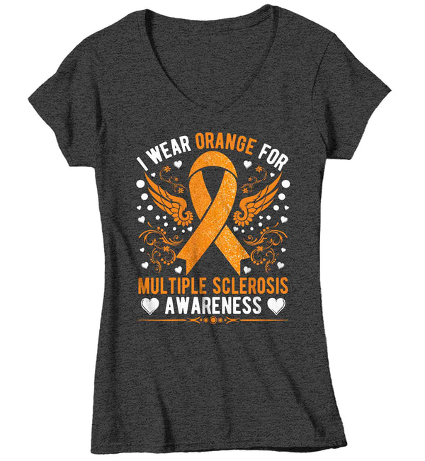 Women's V-Neck Multiple Sclerosis T Shirt I Wear Orange TShirt For MS Awareness T-Shirts Wings Ribbon Gift Tee Shirt Ladies Woman Fitted Tee-Shirts By Sarah