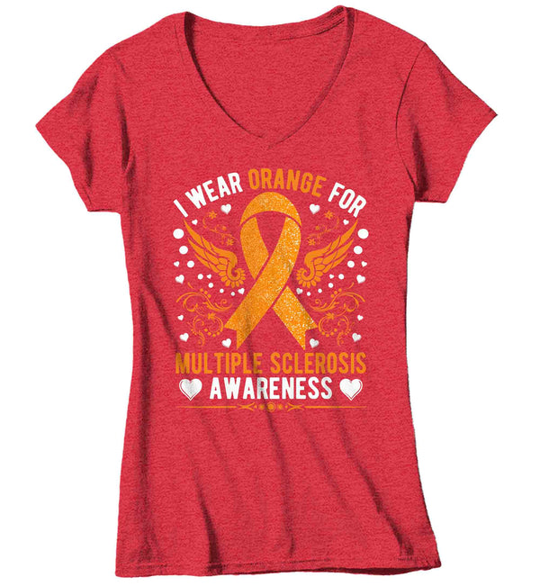 Women's V-Neck Multiple Sclerosis T Shirt I Wear Orange TShirt For MS Awareness T-Shirts Wings Ribbon Gift Tee Shirt Ladies Woman Fitted Tee-Shirts By Sarah