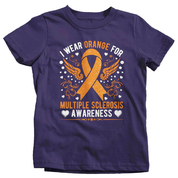 Kids Multiple Sclerosis T Shirt I Wear Orange TShirt For MS Awareness T-Shirts Wings Ribbon Gift Tee Shirt Boy's Girl's Youth Unisex-Shirts By Sarah