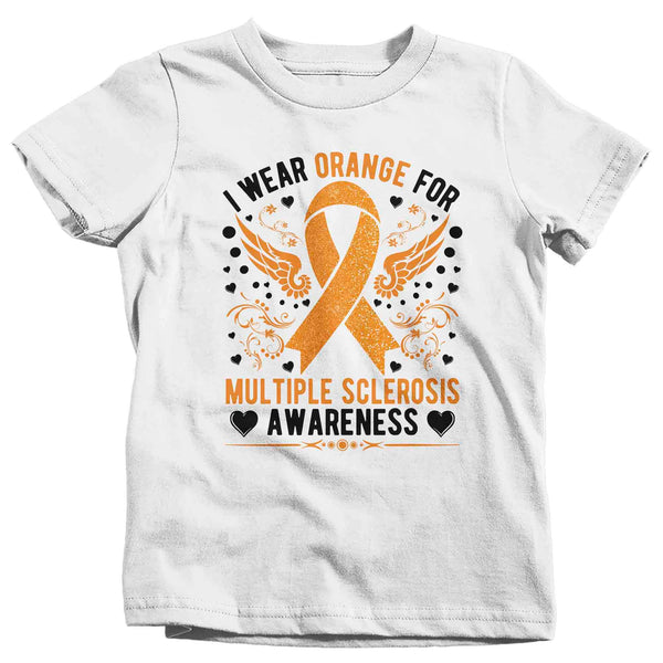 Kids Multiple Sclerosis T Shirt I Wear Orange TShirt For MS Awareness T-Shirts Wings Ribbon Gift Tee Shirt Boy's Girl's Youth Unisex-Shirts By Sarah