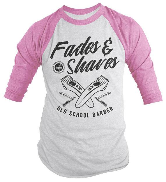Men's Barber T-Shirt Fades & Shaves Vintage Razor Shirt For Hipster Barbers Raglan 3/4 Sleeve-Shirts By Sarah