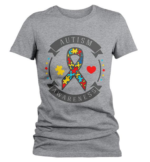 Women's Autism Awareness Shirt Puzzle Ribbon Autism Shirt Heart Support Tee-Shirts By Sarah