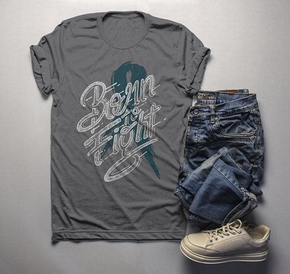 Men's Born To Fight T Shirt Teal Ribbon Shirt Awareness Grunge Tee-Shirts By Sarah