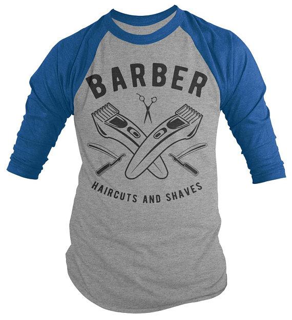 Men's Barber T-Shirt Haircuts & Shaves Vintage Razor Clippers Shirt For Hipster Barbers Raglan 3/4 Sleeve-Shirts By Sarah