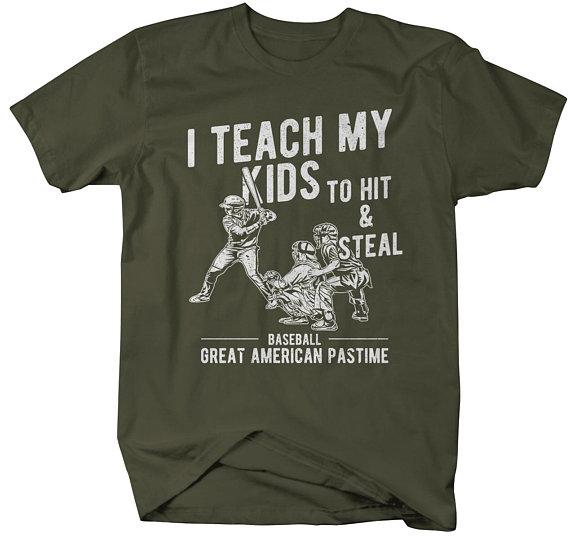 Men's Funny Baseball T-Shirt Teach Kids Hit And Steal Hilarious Gift Idea Parent Shirt-Shirts By Sarah