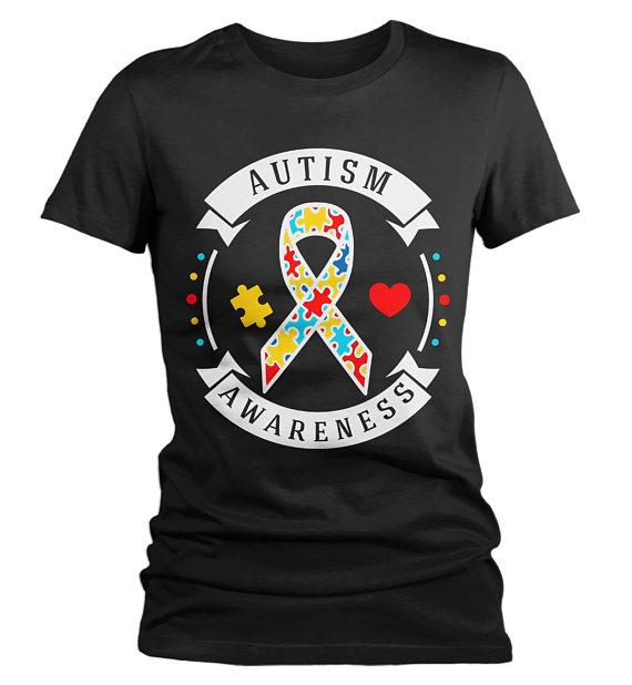 Women's Autism Awareness Shirt Puzzle Ribbon Autism Shirt Heart Support Tee-Shirts By Sarah