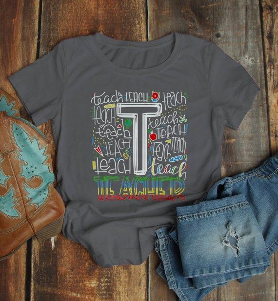 Women's Teacher T Shirt Typography Tee Cute Shirts For Teachers Gift Idea Cute TShirt-Shirts By Sarah
