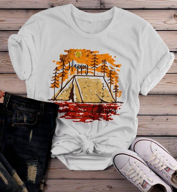 Women's Happy Camper T Shirt Fall Camping Camp Tent Illustration Forest Graphic Tee-Shirts By Sarah