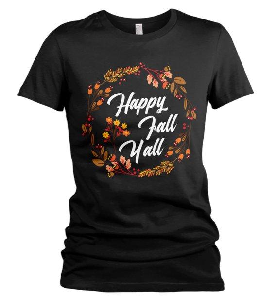 Women's Happy Fall Y'all T Shirt Floral Wreath Graphic Tee Season Shirts It's Fall Yall TShirt-Shirts By Sarah