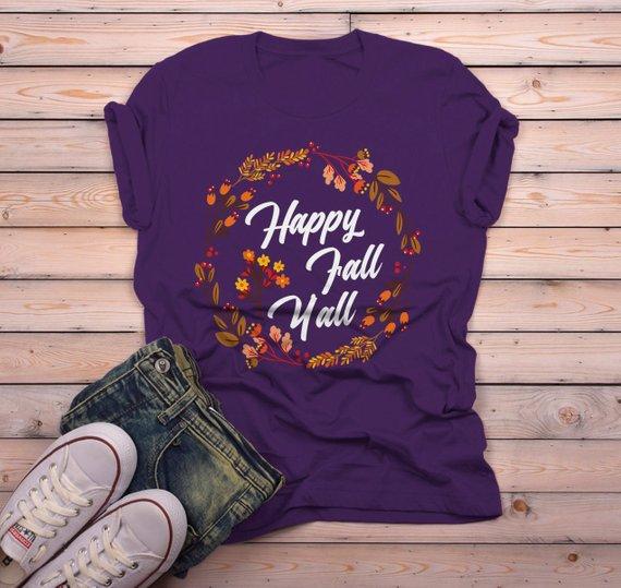 Men's Happy Fall Y'all T Shirt Floral Wreath Graphic Tee Season Shirts It's Fall Yall TShirt-Shirts By Sarah