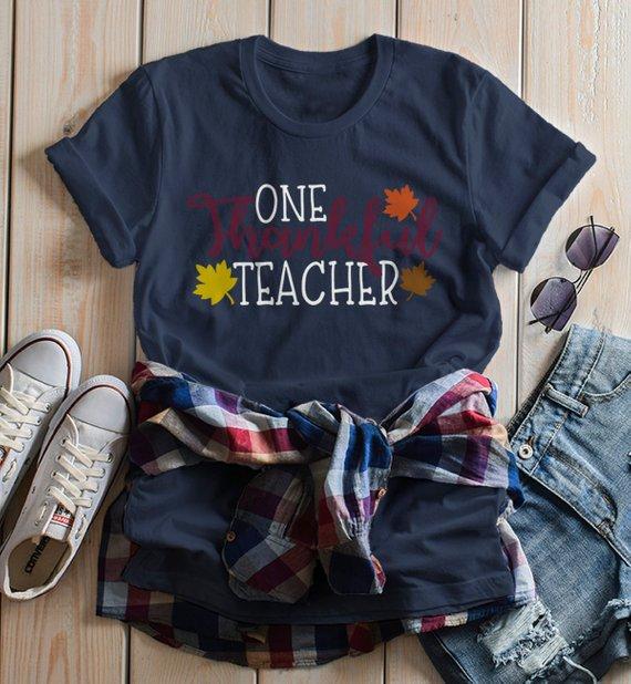 Women's Thanksgiving Teacher T Shirt One Thankful Teacher Graphic Tee Fall Shirts Teachers-Shirts By Sarah