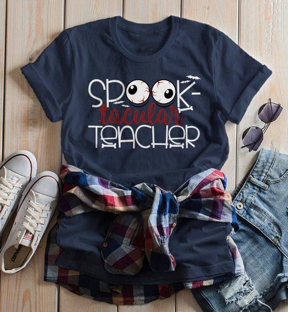 Women's Halloween Teacher T Shirt Spooktacular Teacher Graphic Tee Fall Shirts Spooky-Shirts By Sarah