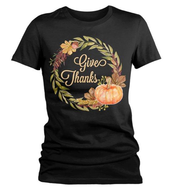 Women's Give Thanks T Shirt Fall Wreath Shirts Thanksgiving Graphic Tee Pumpkin Watercolor Illustration-Shirts By Sarah